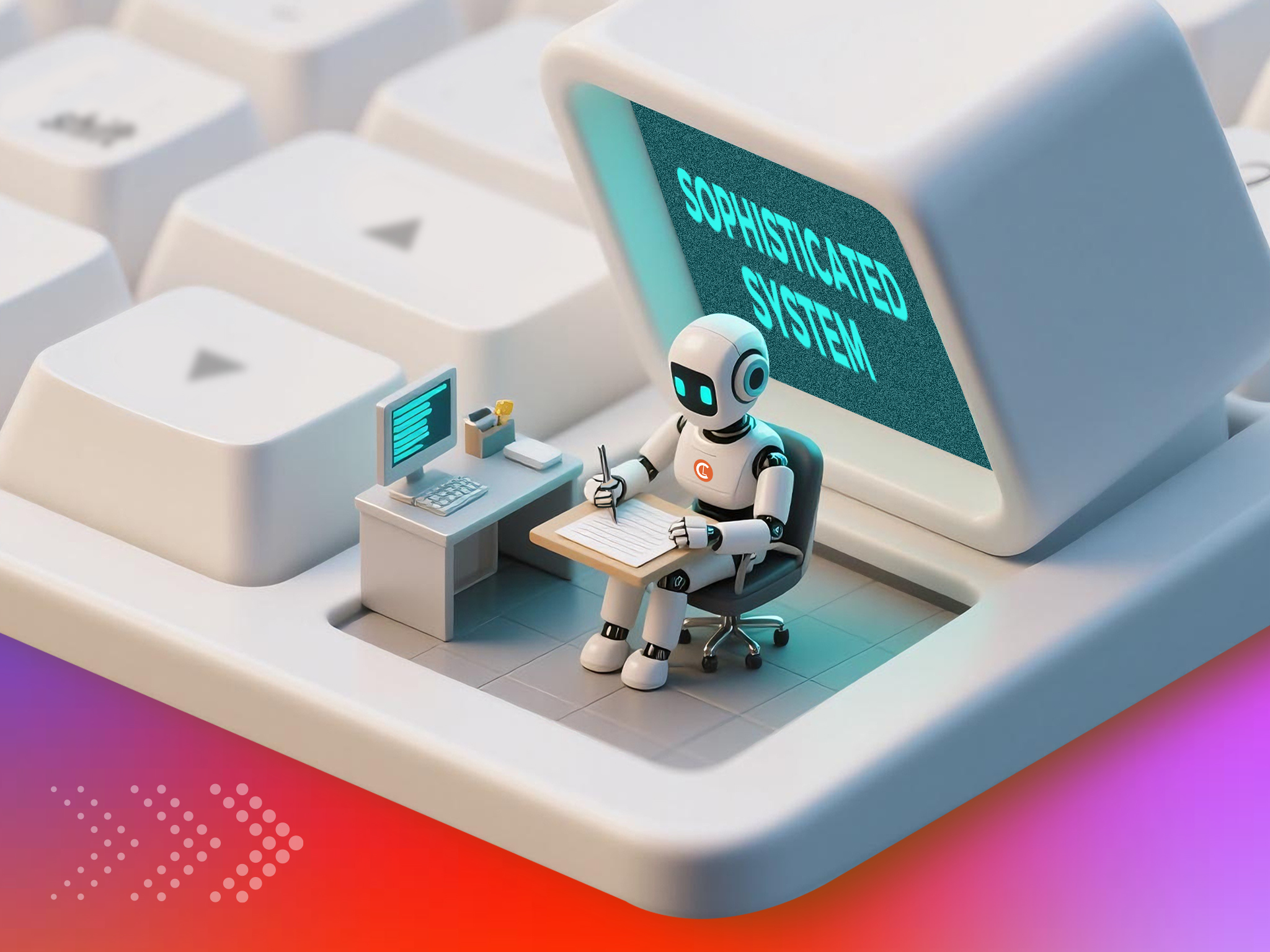 robott writting on paper with a computer screen behind saying sophisticated system