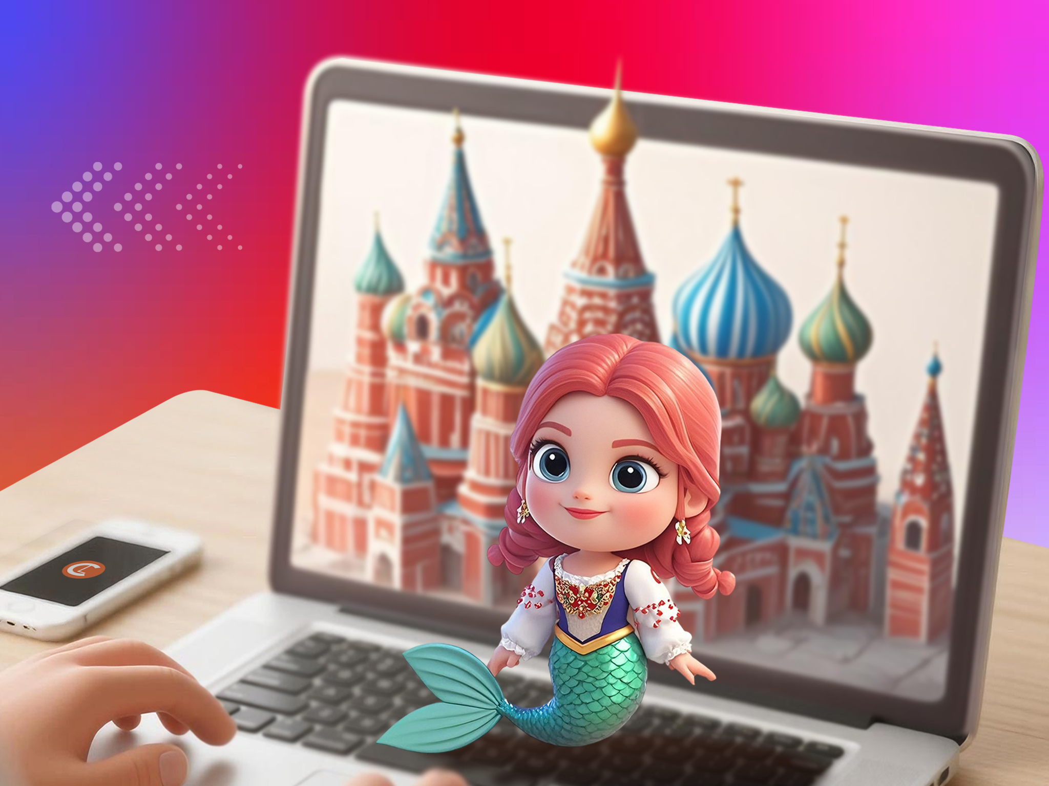 Cartoon mermaid floating above laptop with Moscow's St. Basil's Cathedral peaking out of the laptop's screen