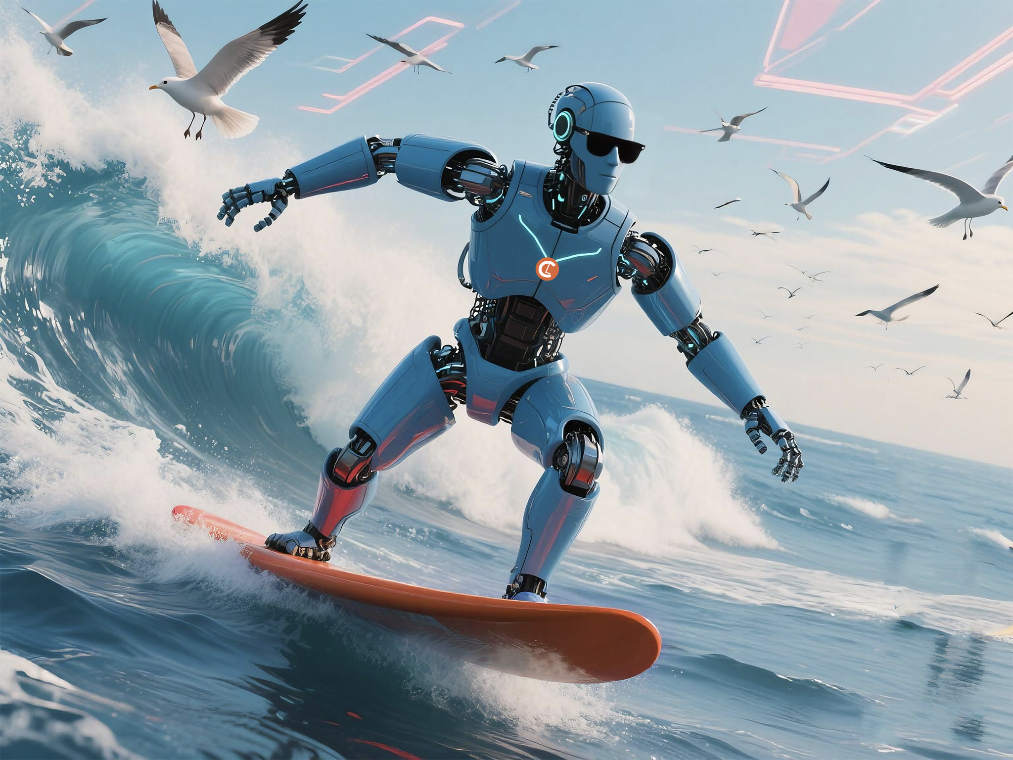Futuristic illustration of a humanoid robot surfing a large ocean wave while wearing sunglasses. The robot is blue with mechanical joints and a glowing chest logo. Seagulls fly in the background under a blue sky, and stylized digital elements float above the waves, symbolizing tech and innovation.
