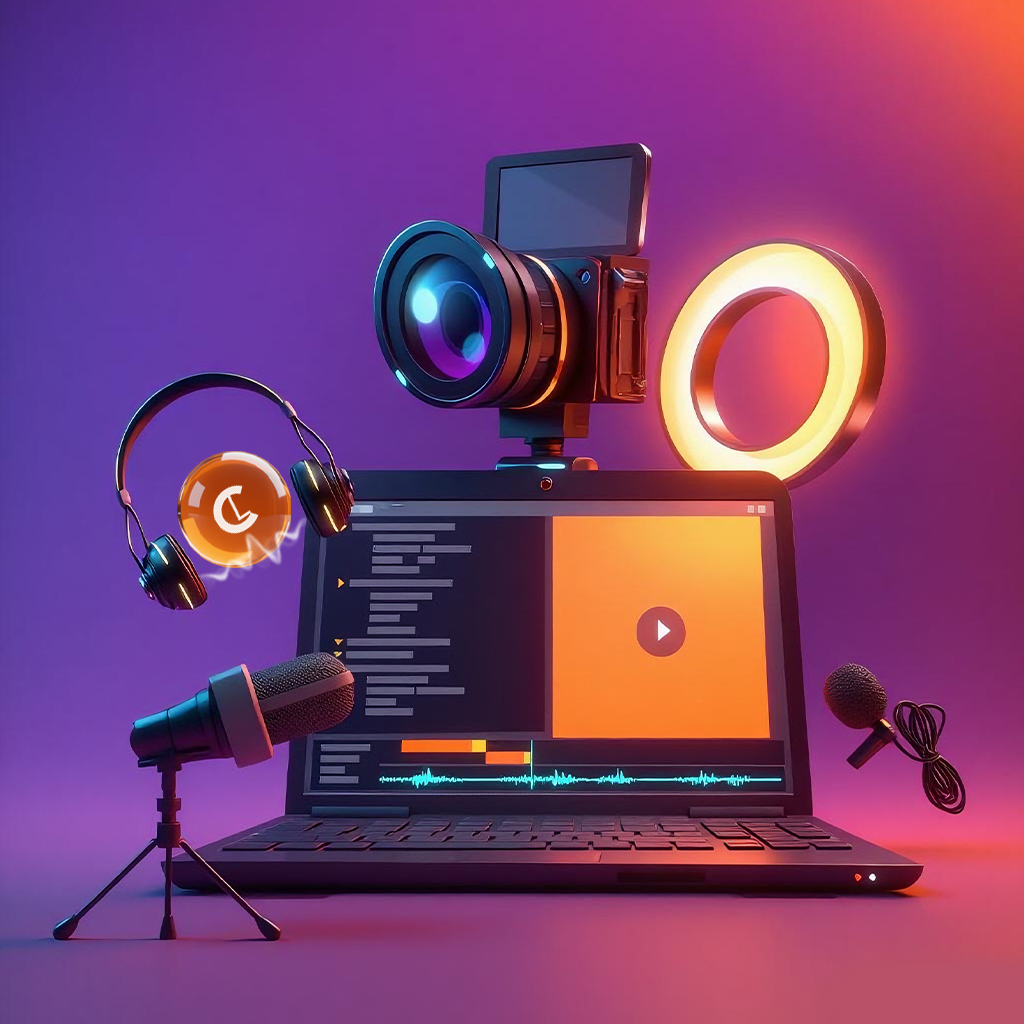 A laptop with editing software, a mounted camera, a ring light, microphone, and headphones on a purple and orange background, conveying a creative video production setup.