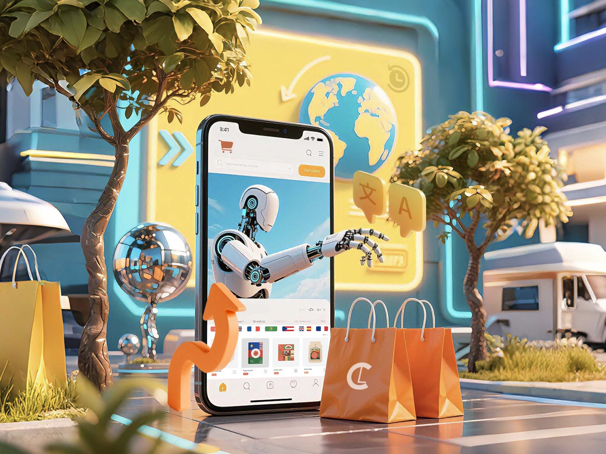 A 3D street scene features a giant smartphone displaying a robot arm, surrounded by shopping bags, trees, and neon signs. Futuristic and vibrant atmosphere.
