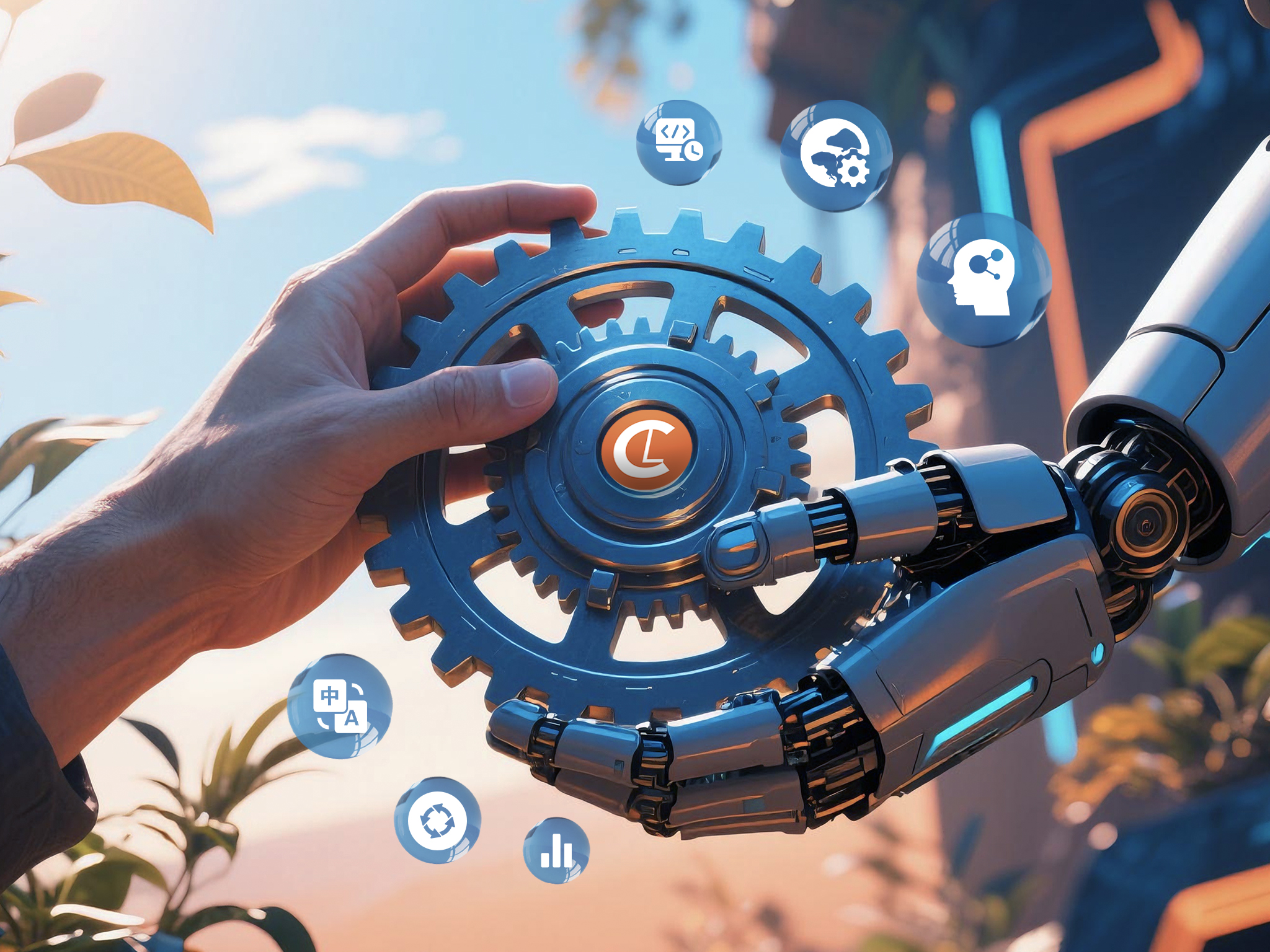 A human hand and a robot hand hold a large gear together. Icons float around them, symbolizing technology and collaboration. The scene is futuristic and optimistic.