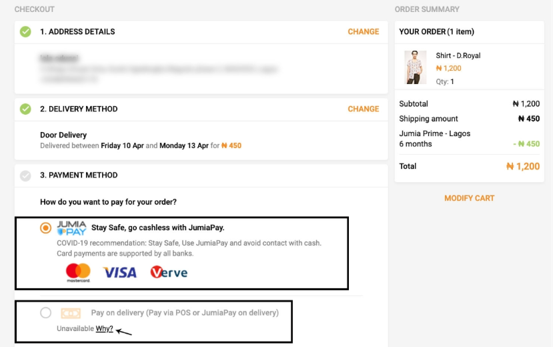 Picture2 Checkout page with JumiaPay, Visa, Verve payment options. Door delivery and unavailable cash on delivery. Total is ₦1,200 including shipping.