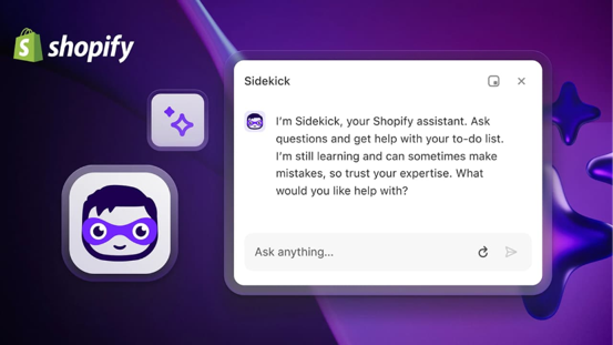 Picture4 "Shopify interface featuring Sidekick, a chatbot assistant. A stylized purple mask icon represents the assistant. Text bubble invites questions, offering help with tasks. Vivid purple background creates a tech-savvy, welcoming tone."