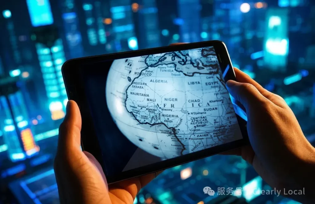 643 Hands holding a tablet displaying a map focused on Africa and Europe, set against a blurred, vibrant cityscape, creating a futuristic feel.