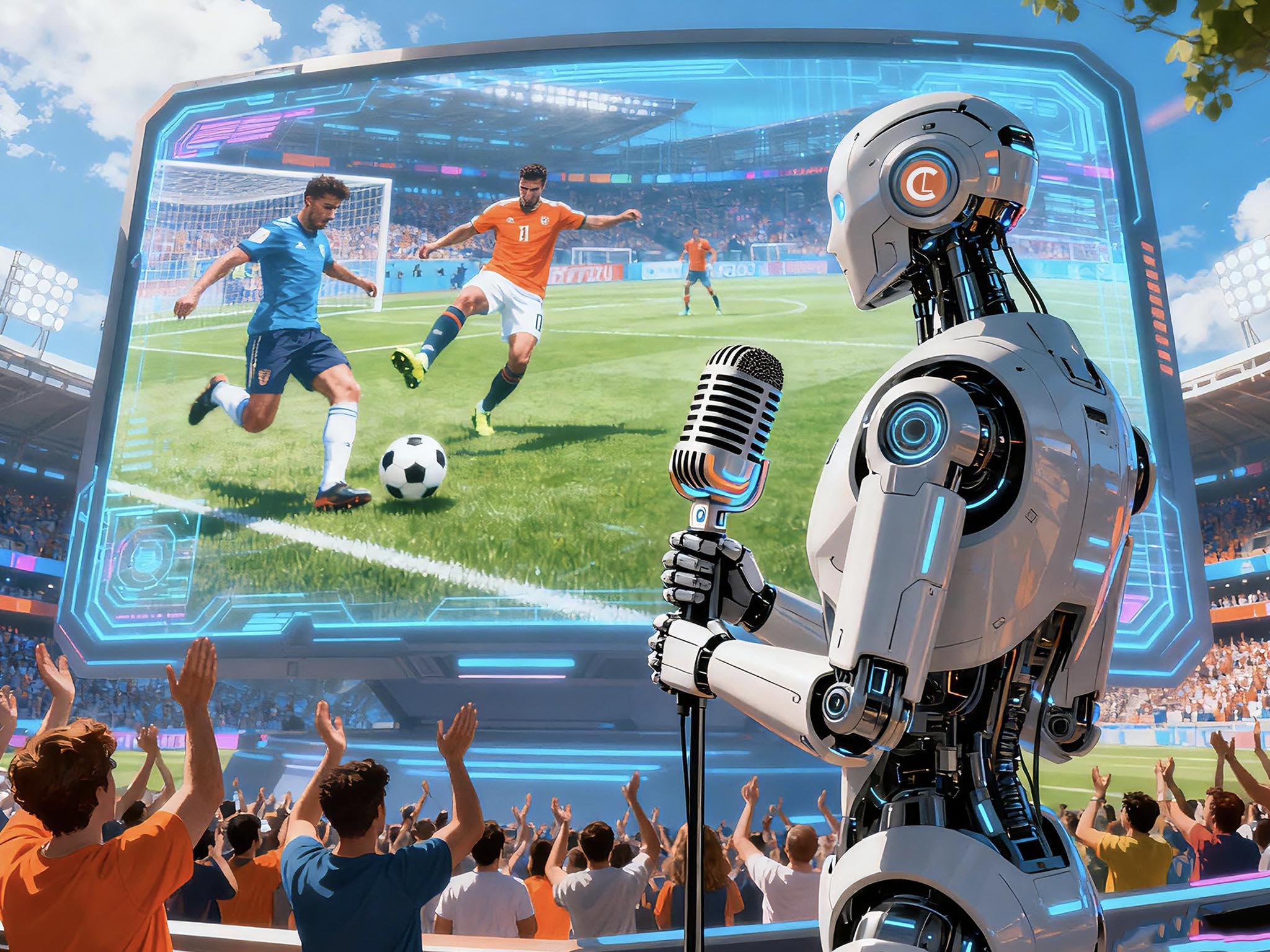 An AI robot holds a microphone, commentating on a soccer match displayed on a giant screen. The crowd below cheers enthusiastically, creating an energetic atmosphere. Image aims to show implentation of AI in Sports Localization.