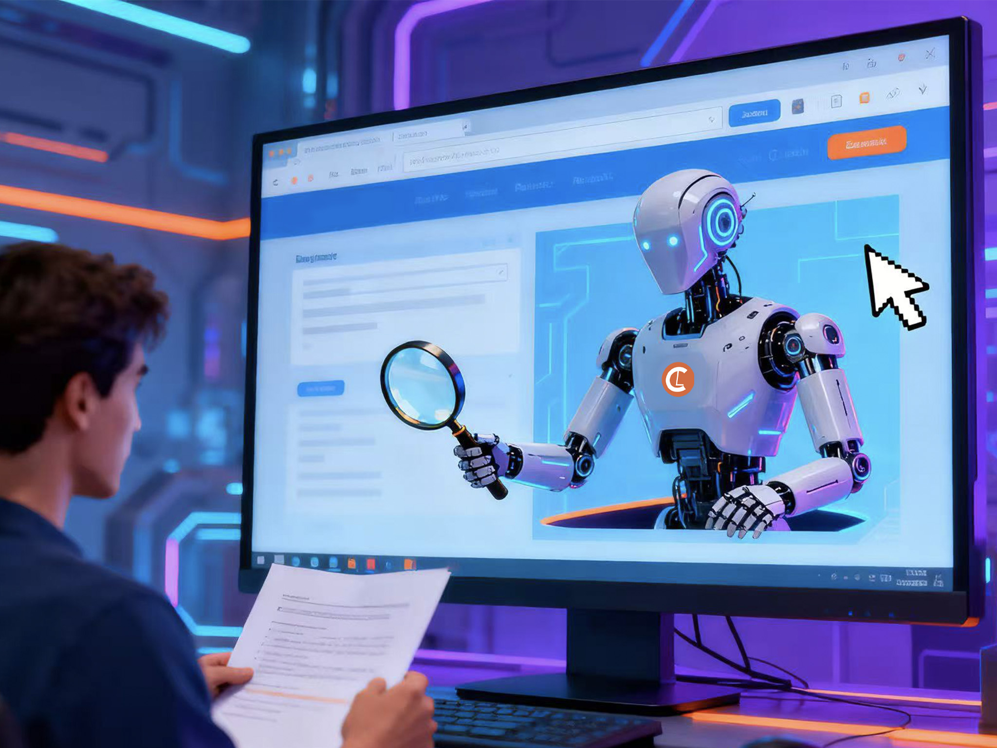 A person studies a document in front of a computer showing a futuristic robot holding a magnifying glass. Neon lights create a tech-savvy, futuristic ambiance.