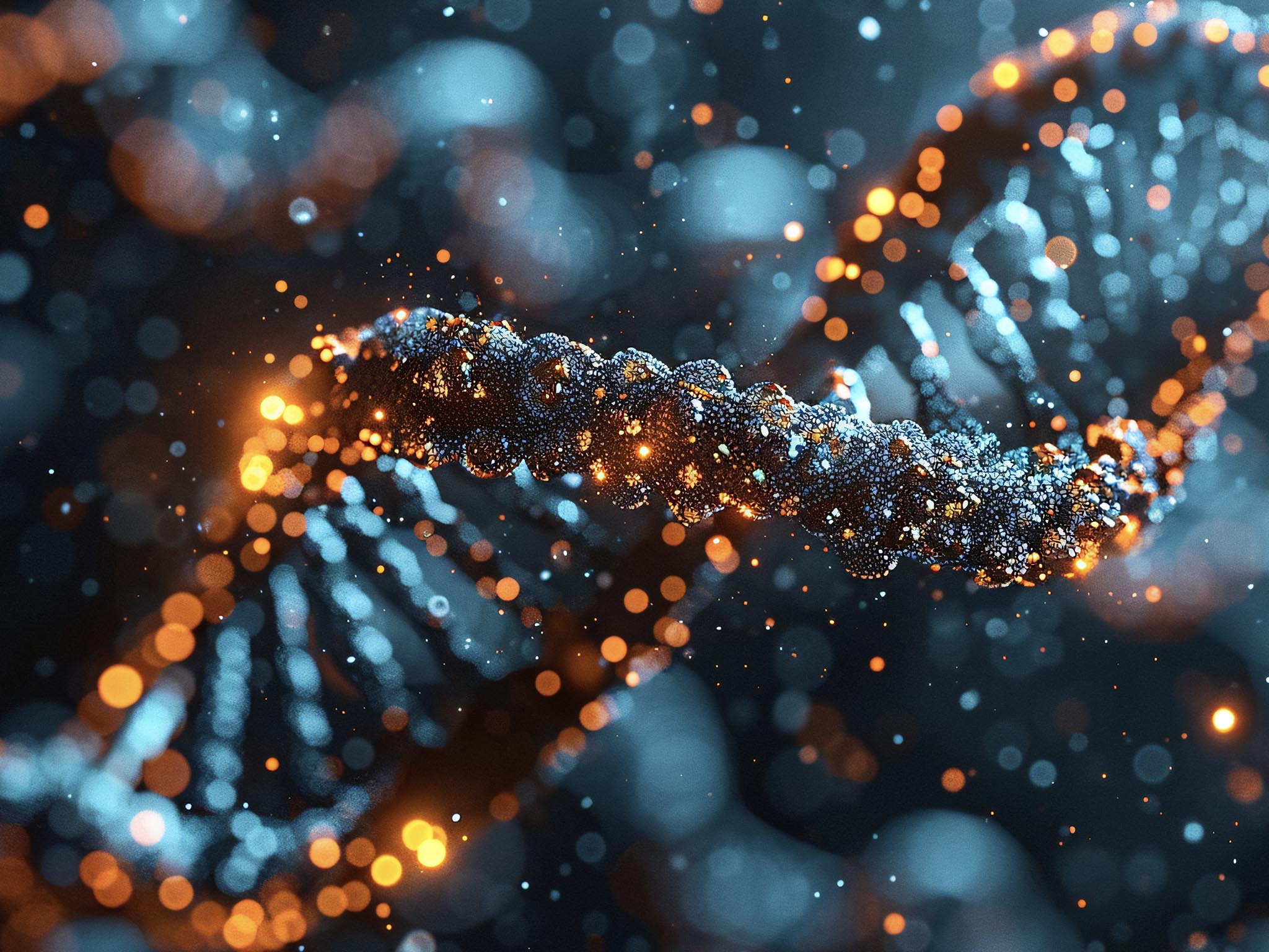 A close-up illustration of a DNA double helix with glowing orange and blue particles highlighting its structure against a dark, blurred background.