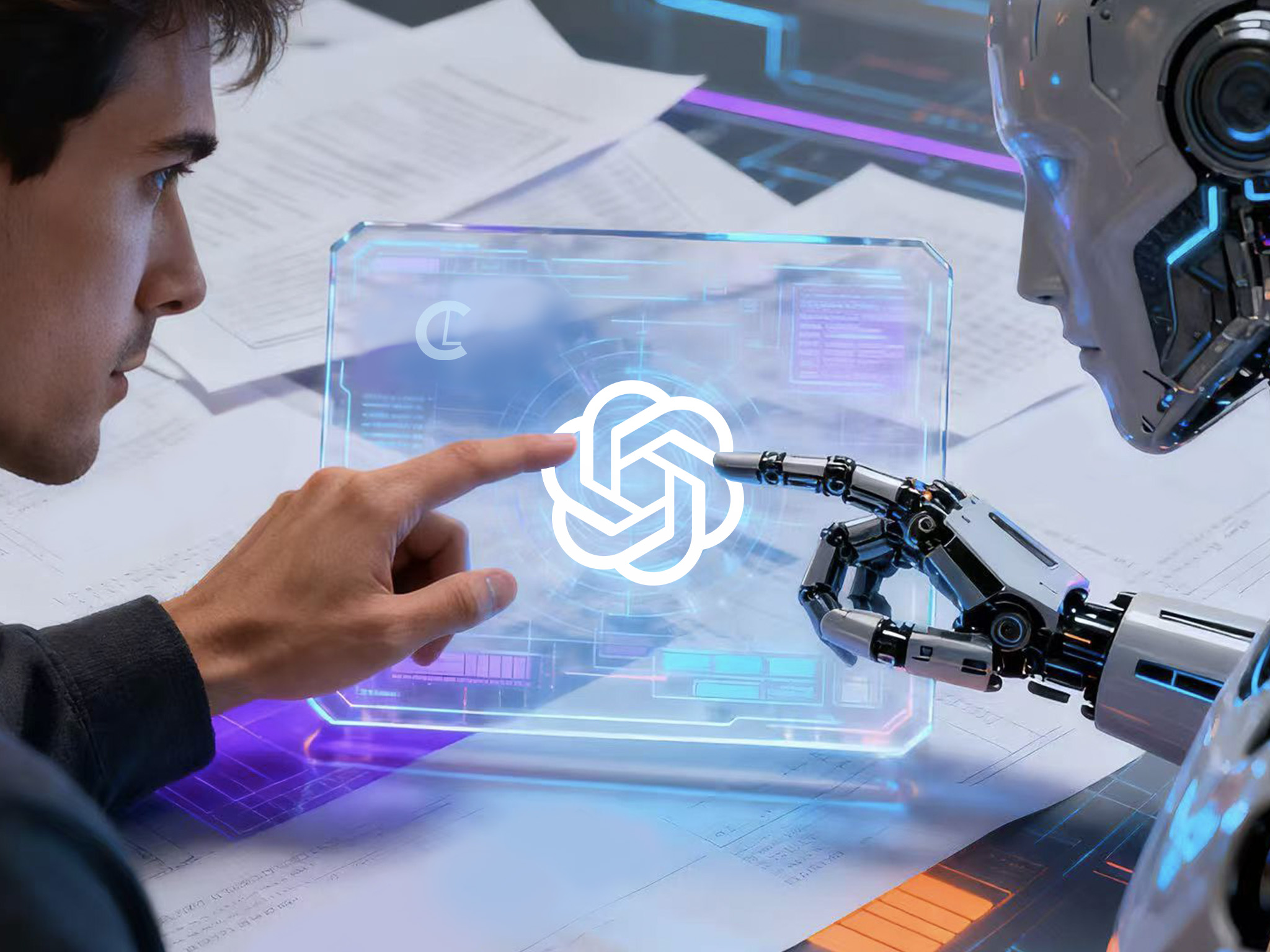 A human and a robot touch a translucent screen displaying a technology logo. Papers and digital elements surround them, symbolizing advanced AI interaction.
