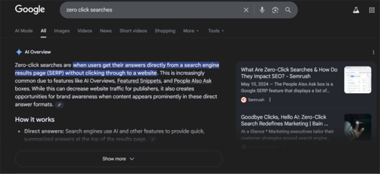 Picture2 Google search results page in dark mode showing an explanation of "zero-click searches." The highlighted text describes direct answers in search results, reducing website clicks. Two article links on the right relate to zero-click searches.