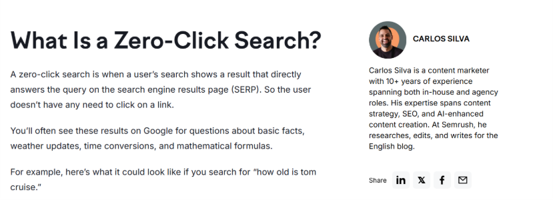 Picture3 Image discussing zero-click searches. Left side: Definition of zero-click search, examples like weather and facts. Right side: Profile of Carlos Silva with a brief bio and social media icons. Tone: Informative.