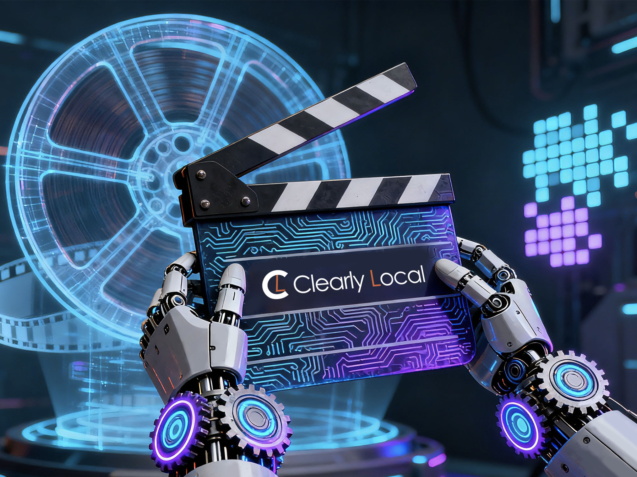 A robotic hand holds a film clapperboard with the "Clearly Local" logo. In the background, a glowing, futuristic film reel and digital graphics create a high-tech, cinematic atmosphere.
