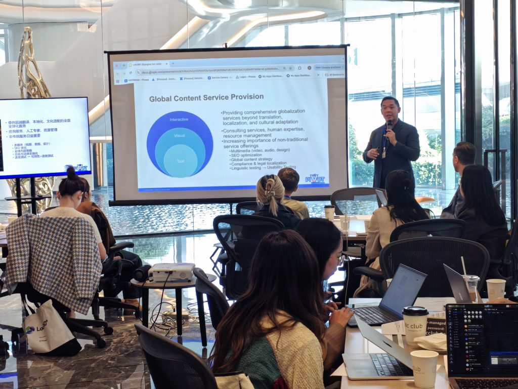 _cuva A man presents in a modern conference room, discussing "Global Content Service Provision" displayed on a screen. Attendees seated with laptops, attentively listening.