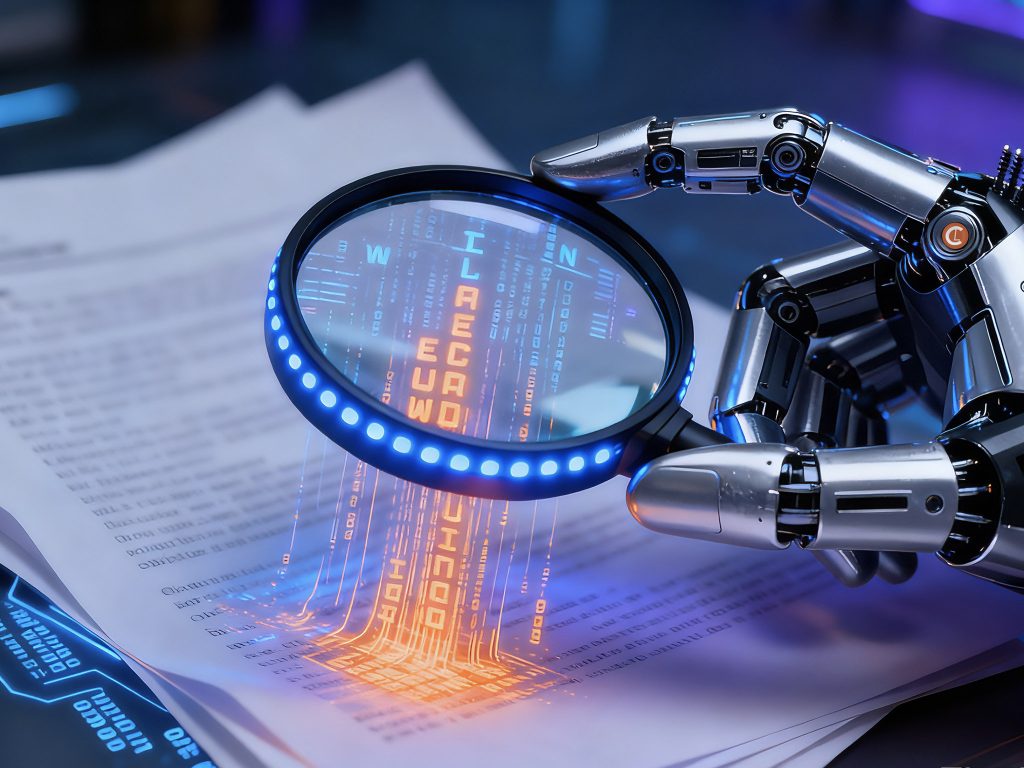 A robotic hand holds a magnifying glass over documents, with holographic data and code projected, symbolizing AI analysis of information.