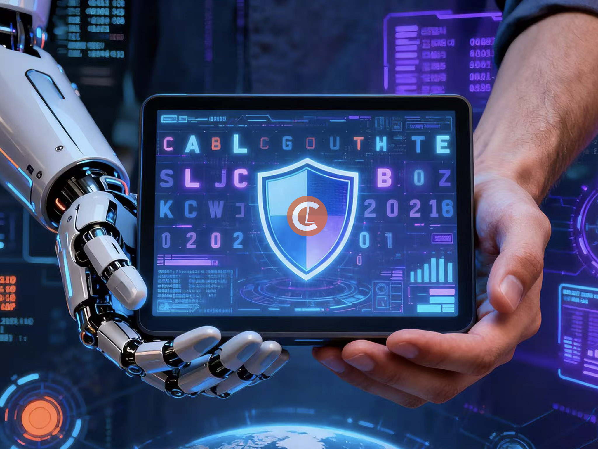 A human hand and a robotic hand hold a tablet displaying a digital shield icon, symbolizing cybersecurity and collaboration between humans and artificial intelligence.