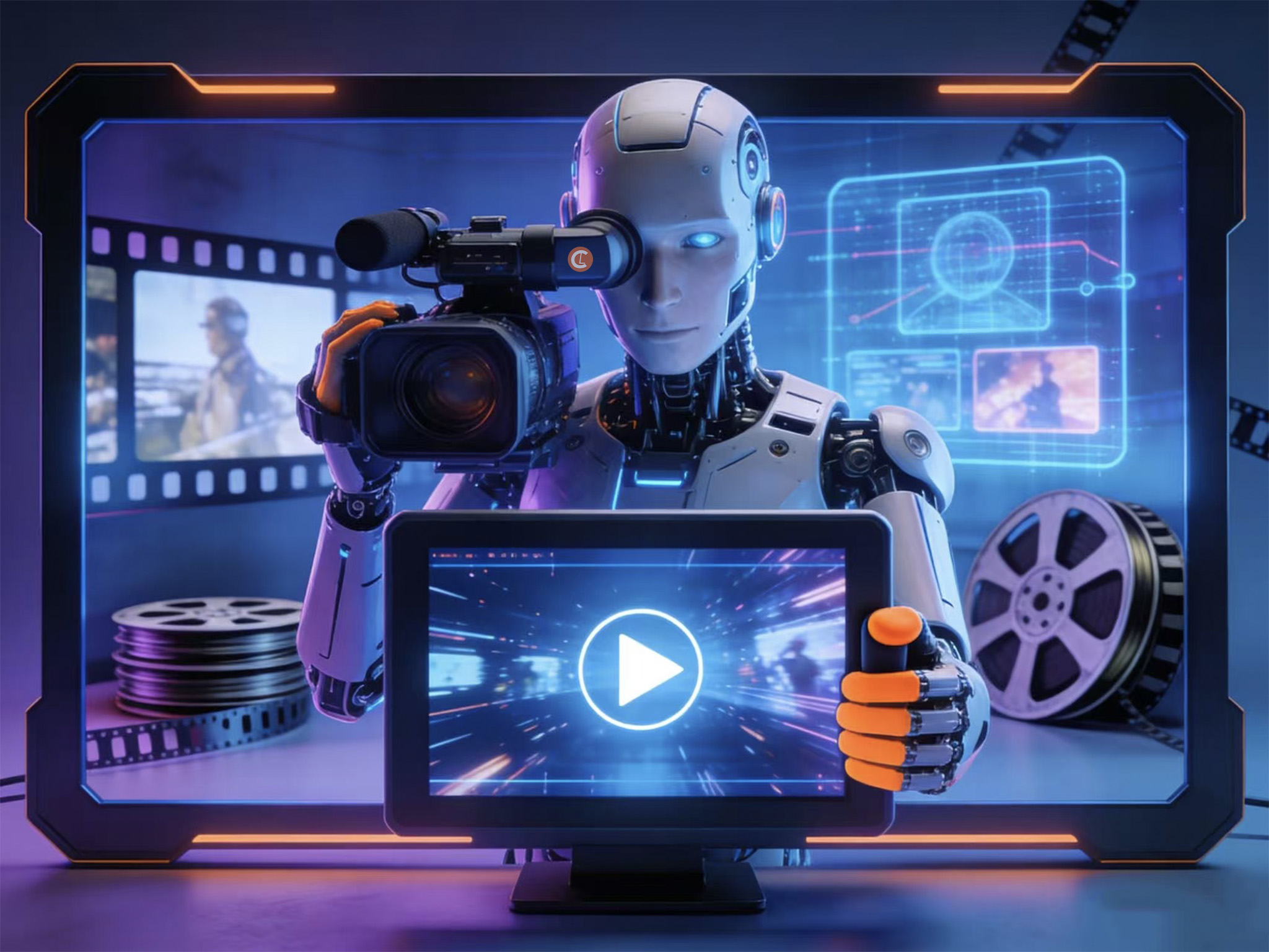 A humanoid robot operates a video camera in a futuristic studio, holding a screen displaying a play button. Background includes film reels and digital screens.