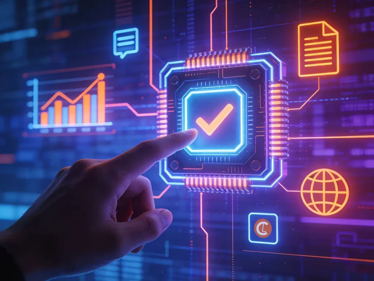 A hand touches a glowing digital checkmark on a circuit board, surrounded by neon icons of a graph, document, and globe, symbolizing technology and data.