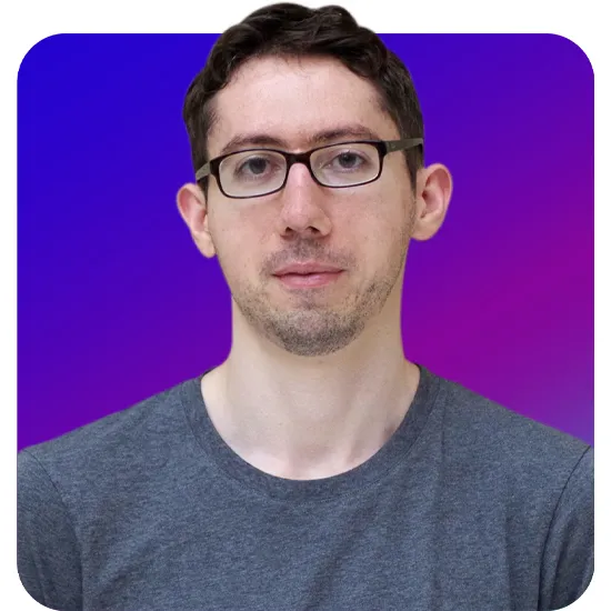 A person with short dark hair and glasses wearing a gray shirt is set against a purple and blue gradient background, looking calmly at the camera.