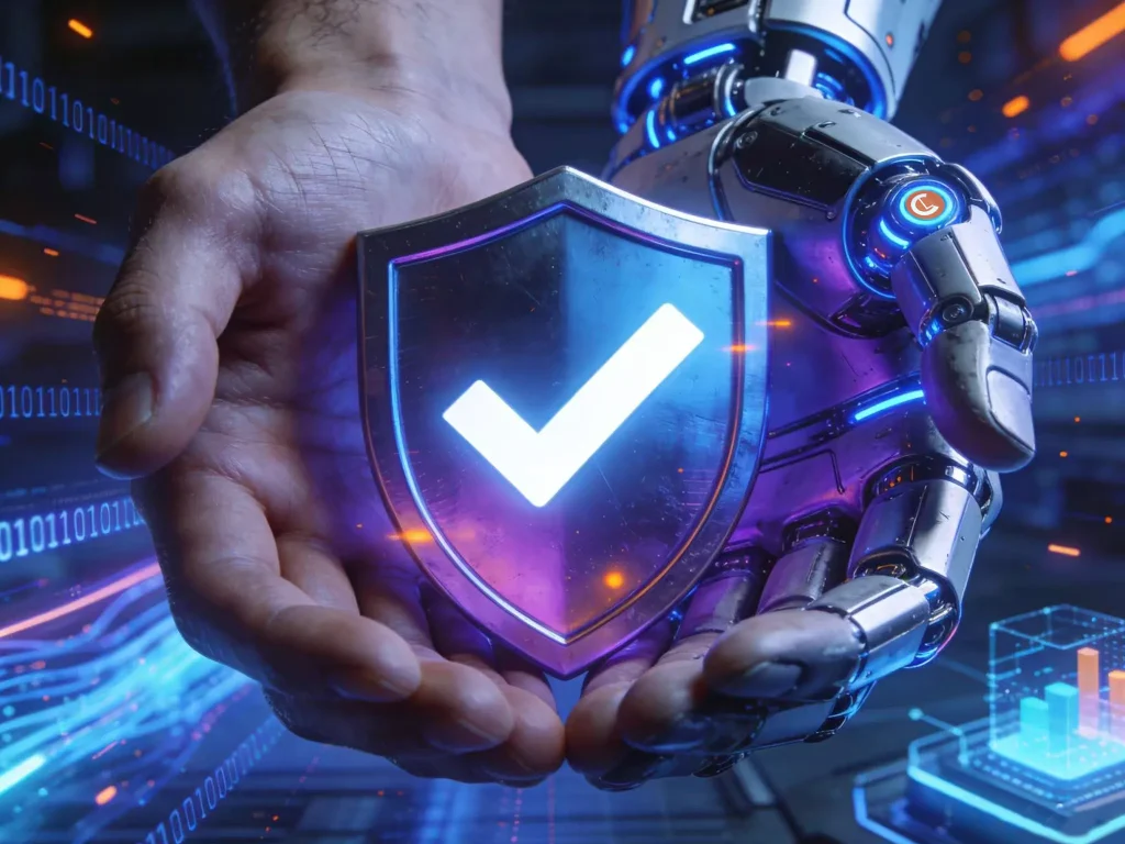 A human hand and a robotic hand hold a shield with a checkmark, symbolizing cybersecurity and human-AI collaboration.