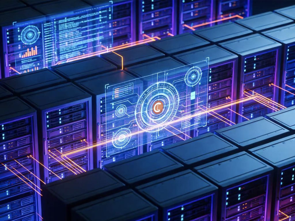 A futuristic data center with glowing server racks and digital interface overlays. Blue and orange lights create a high-tech, dynamic atmosphere.