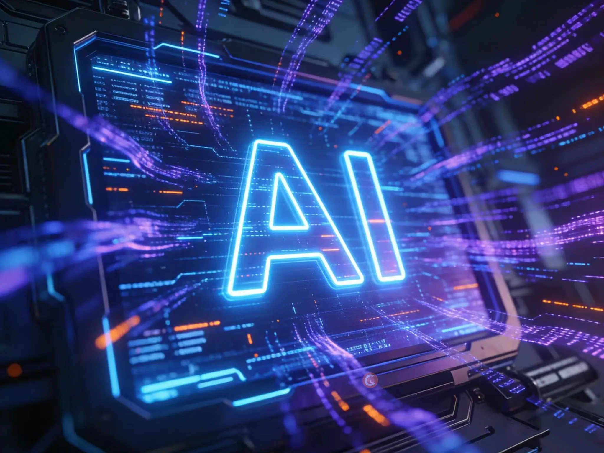 A glowing "AI" in neon blue is centered on a computer screen. Electric lines and digital patterns burst outwards, conveying speed and technology.
