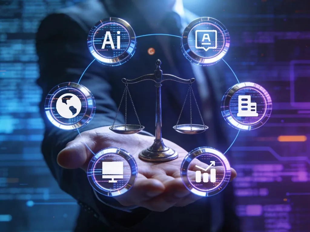 A person in a suit holds a balance scale surrounded by digital icons, including AI, data, and graphs, symbolizing technology's role in justice.