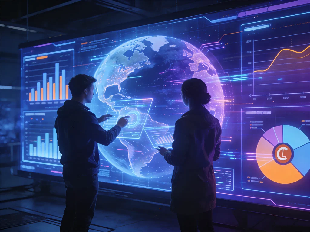 Two people stand before a digital wall, interacting with a glowing Earth, graphs, and charts. The scene conveys innovation and data analysis.