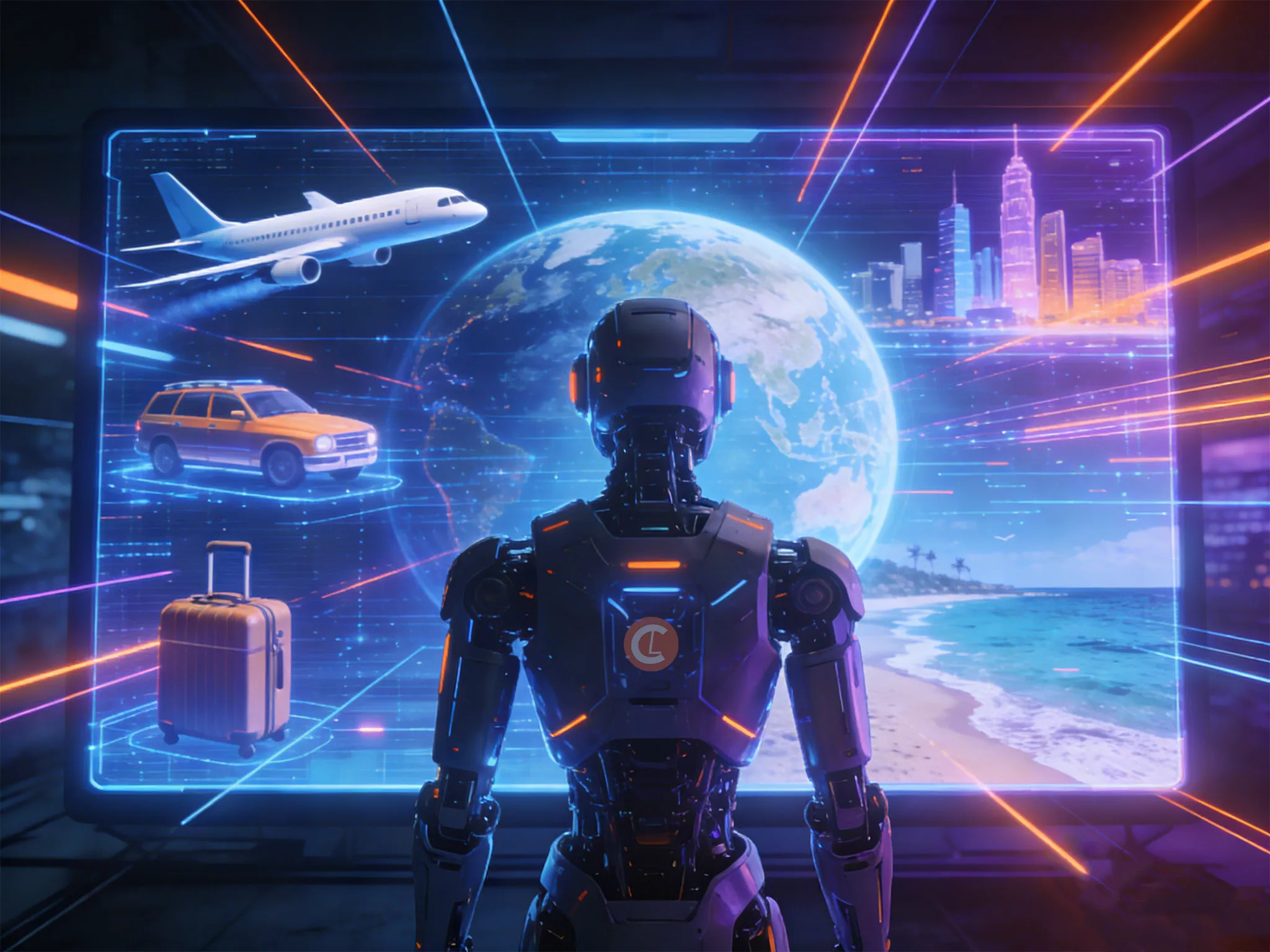 A futuristic robot stands before a digital screen displaying Earth, a plane, a car, a suitcase, and a cityscape. Vibrant and high-tech atmosphere.
