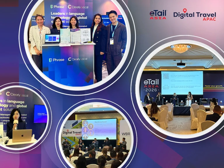 Collage of eTail Asia and Digital Travel APAC events. Features a group at a booth, conference panel discussions, and a presentation, highlighting networking and innovation.
