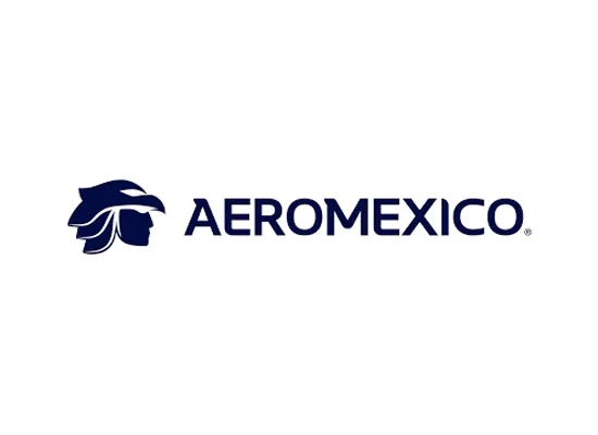 Aeromexico logo featuring a stylized dark blue eagle head next to the word 'AEROMEXICO' in bold uppercase letters on a white background.
