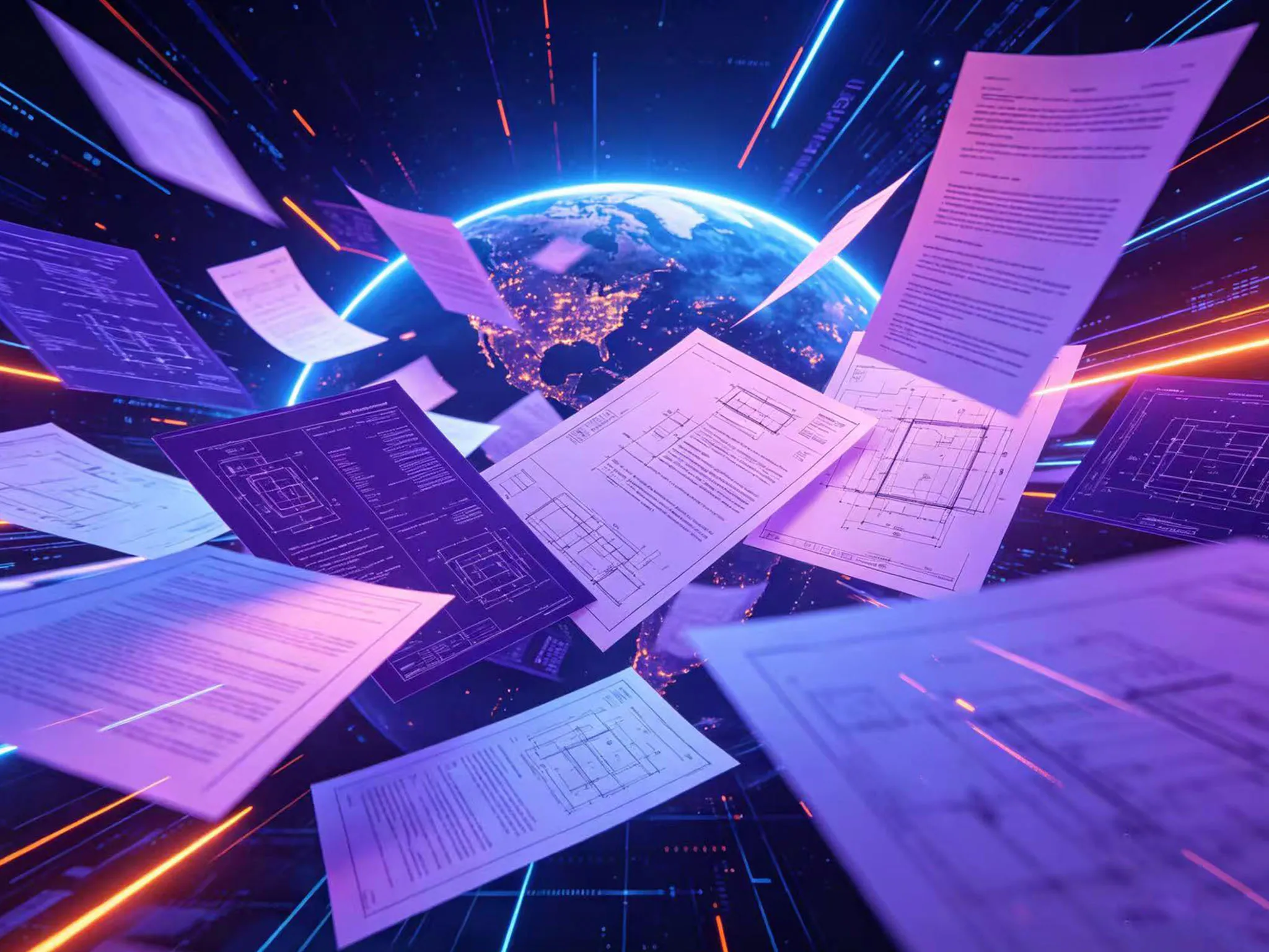 Digital documents float against a glowing earth, surrounded by neon light streaks. The scene depicts global digital connections and data flow.