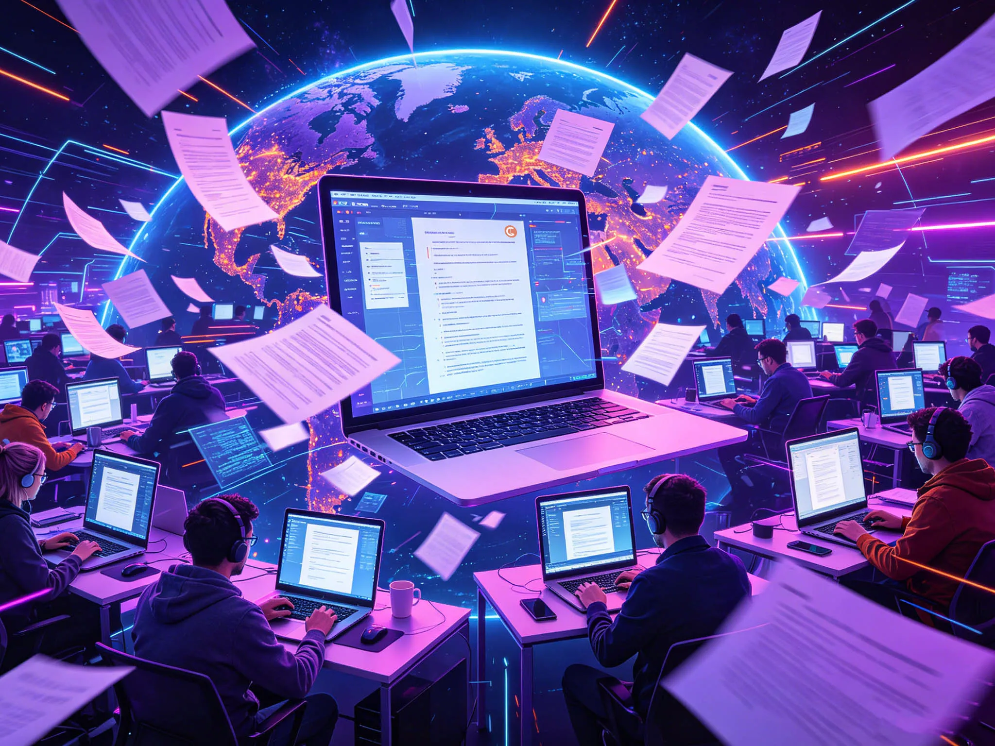 A vibrant digital scene with silhouetted individuals at computers, large floating laptop displaying a document, and sheets of paper flying, against a glowing Earth backdrop.