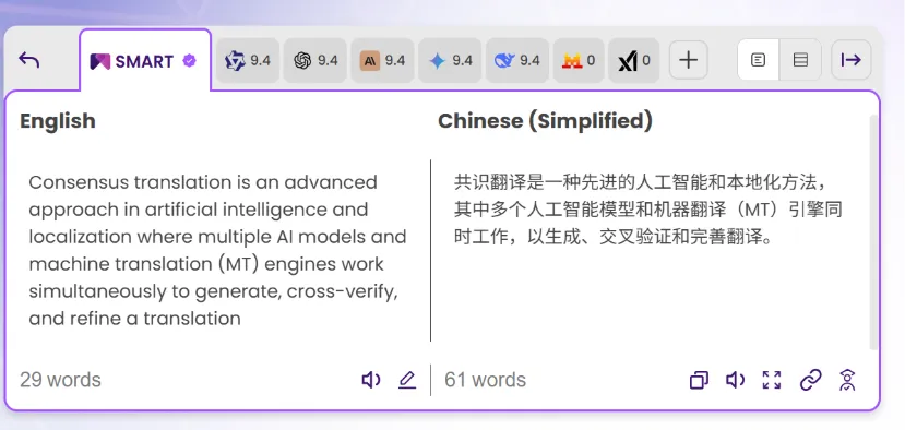 A screenshot showing a translation tool interface. The English text on the left describes consensus translation using AI models, while the Simplified Chinese text on the right provides a translation. Interface features include language tabs and options for audio playback and link sharing. The tone is informative and technical."