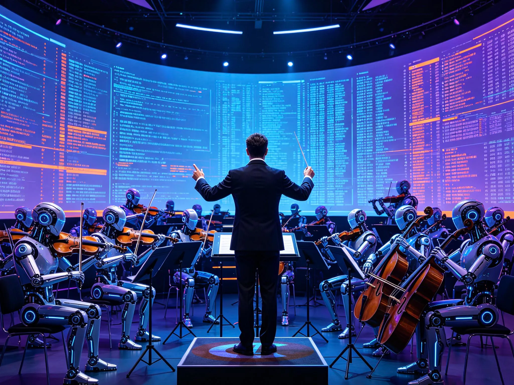 A conductor leads an orchestra of humanoid robots playing string instruments, against a backdrop of colorful, glowing computer code. Futuristic and creative.