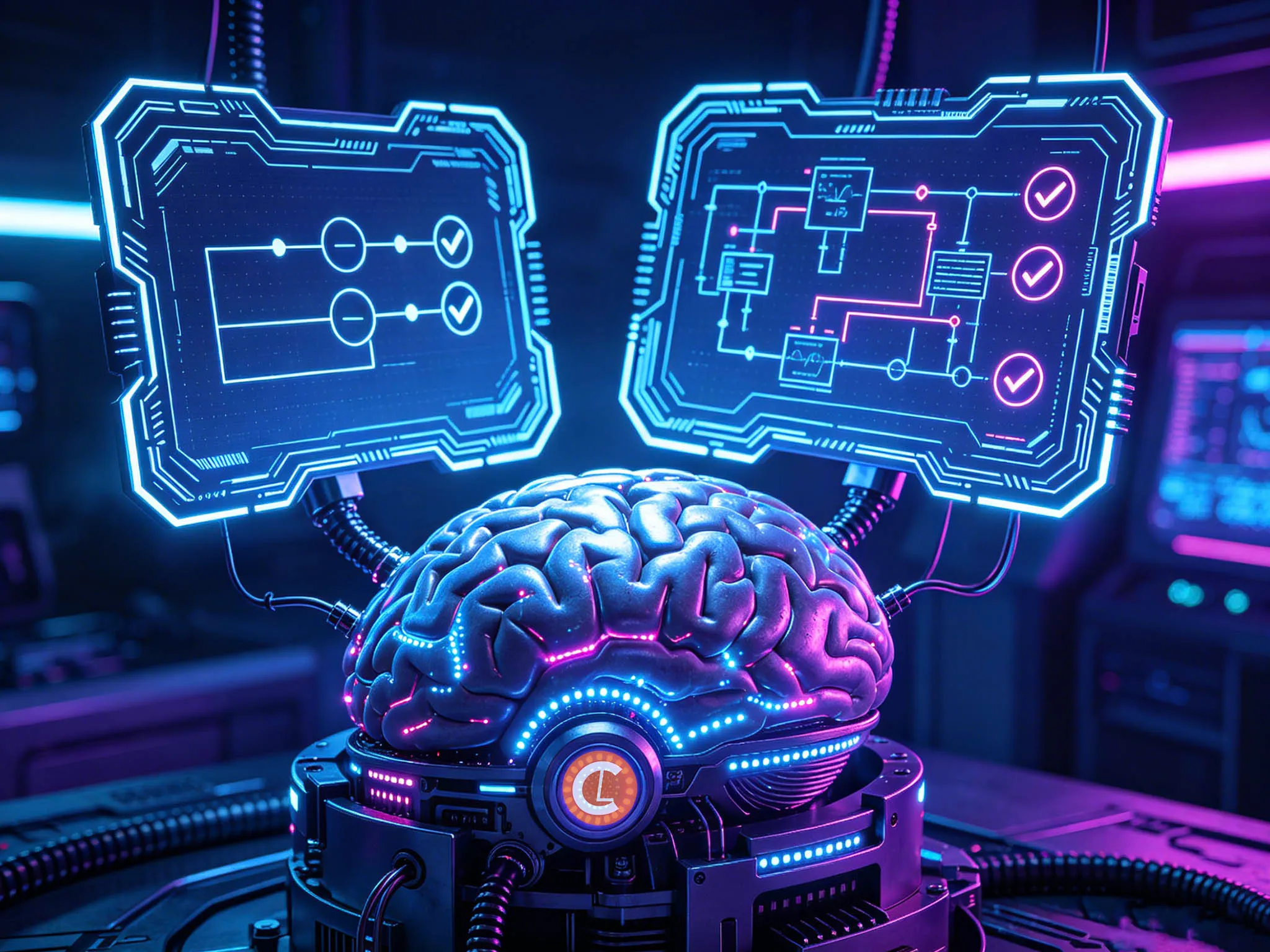 A glowing artificial brain is connected to two digital screens displaying flowcharts and circuit diagrams in a futuristic lab setting.