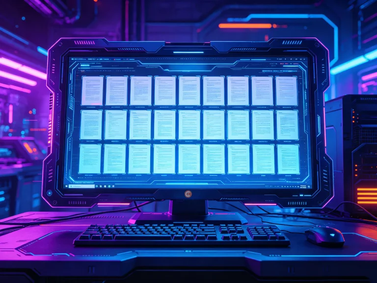 Futuristic workstation with a large monitor displaying grid of documents, glowing in blue and purple neon lights, evoking a high-tech, digital feel.