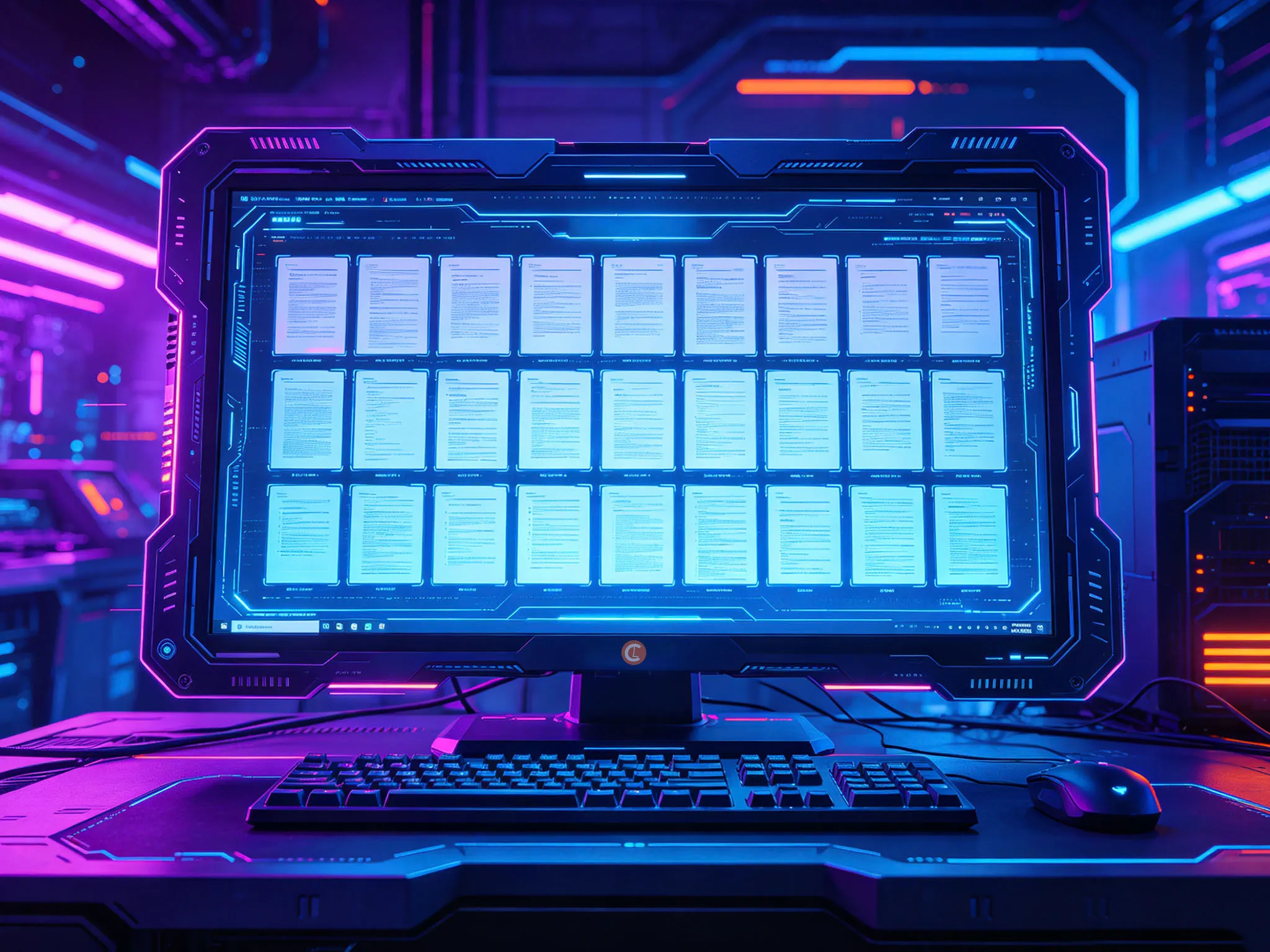 Futuristic workstation with a large monitor displaying grid of documents, glowing in blue and purple neon lights, evoking a high-tech, digital feel.