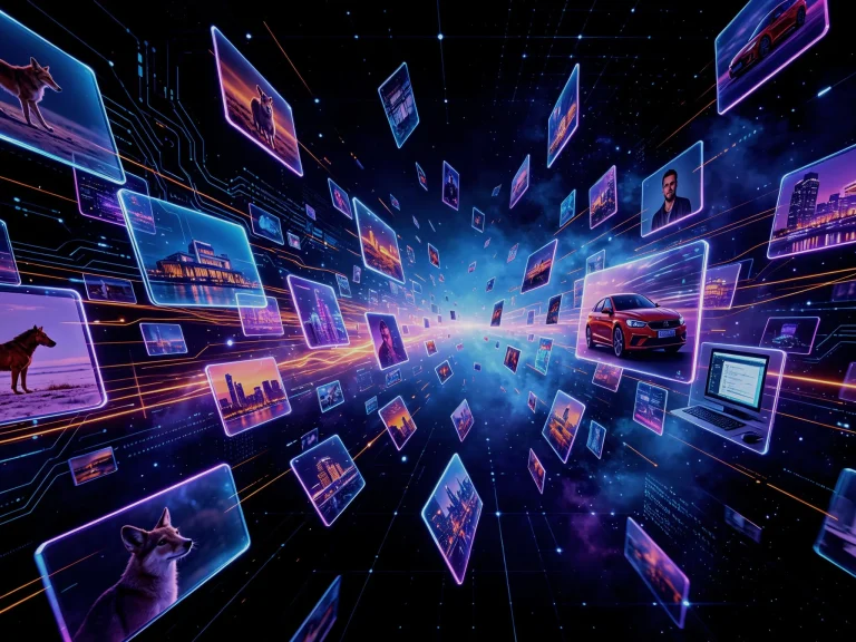 A futuristic digital landscape depicting floating image frames connected by glowing lines, featuring various images like animals and a car, with a vibrant blue and purple background.