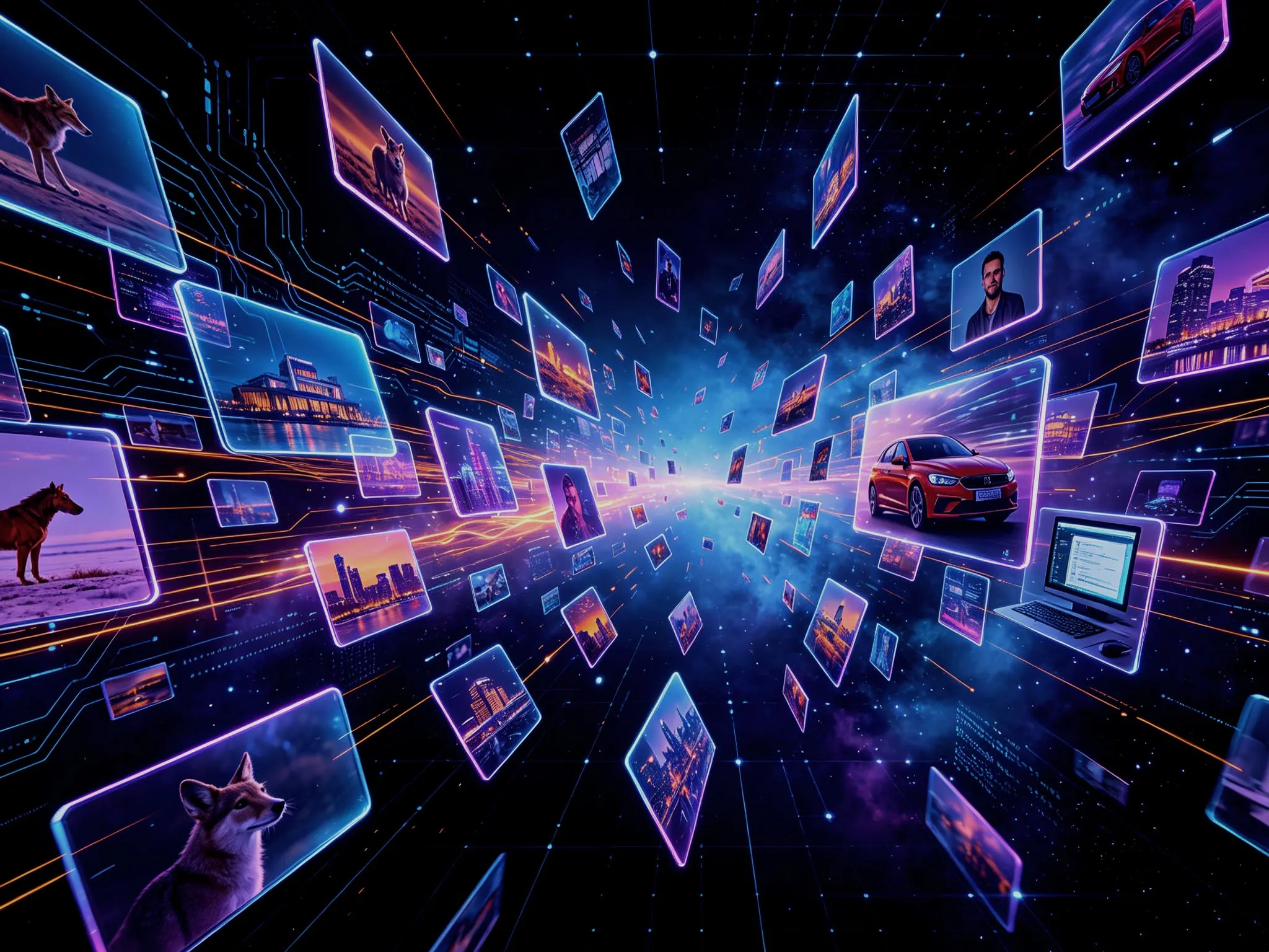 A futuristic digital landscape depicting floating image frames connected by glowing lines, featuring various images like animals and a car, with a vibrant blue and purple background.