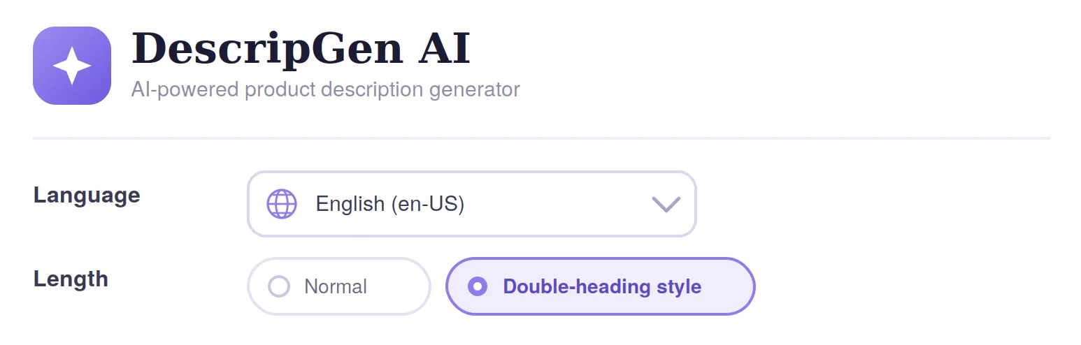 DescripGen AI product description generator interface with options for language selection and description length.
