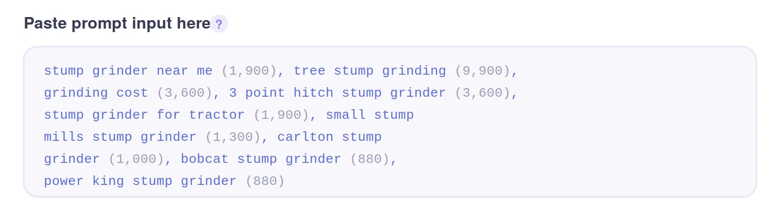 Text displaying a list of stump grinder-related terms and their corresponding numbers.