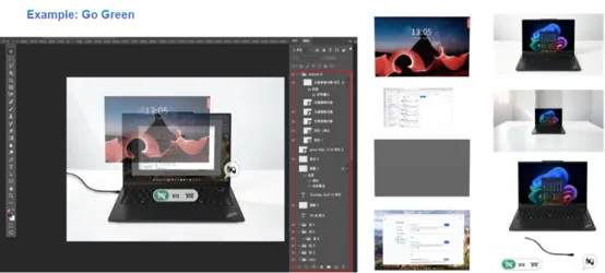 Example showcasing a laptop display with various designs, including a "Go Green" theme, alongside screenshots of software interface elements and images of other screens.