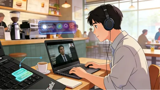 An animated character wearing headphones is sitting at a café table with a laptop open, engaging in a video call. A cup of coffee and a notepad are on the table. The background features café furniture and other patrons.