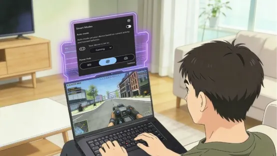 A person sitting on a couch using a laptop to play a racing video game, with settings displayed on the screen.