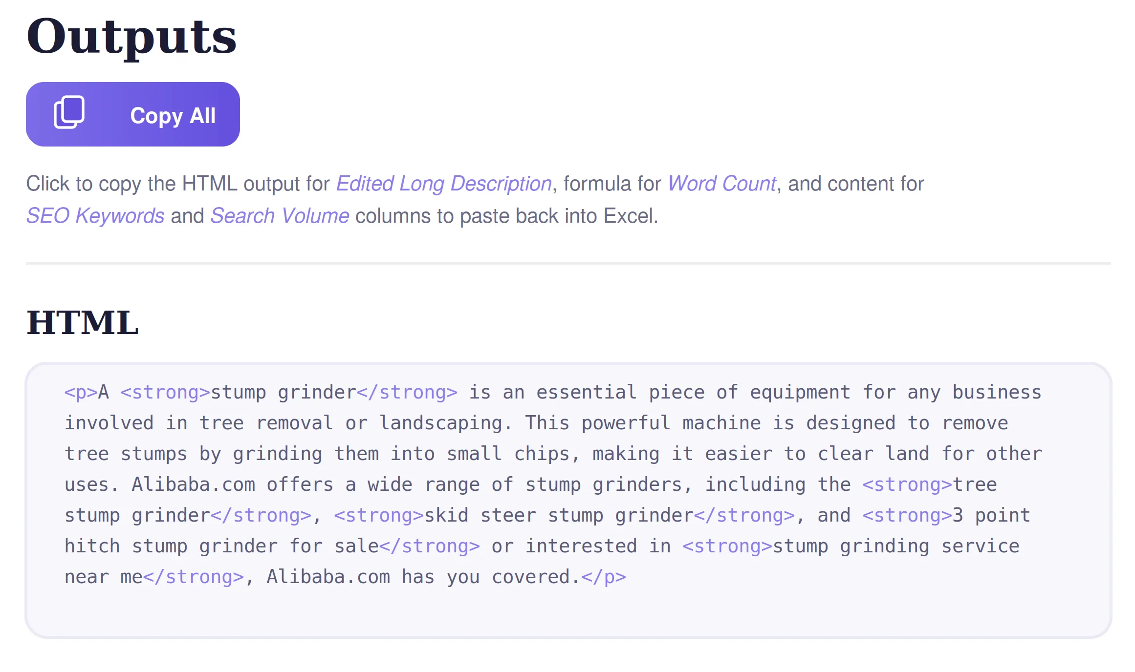 A screenshot showing HTML code output for a stump grinder, including details about its use in tree removal and landscaping.