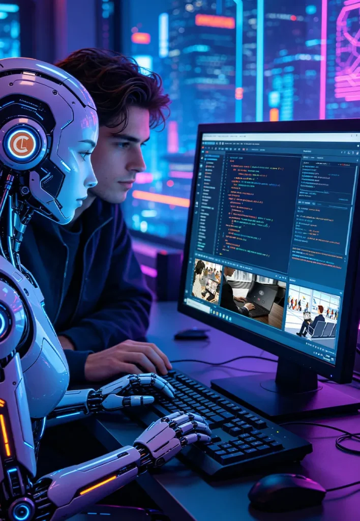 A futuristic scene featuring a humanoid robot and a young man working together at a computer. The background is illuminated with neon lights, creating a high-tech atmosphere. The screen displays lines of code and images of people in a modern office setting.