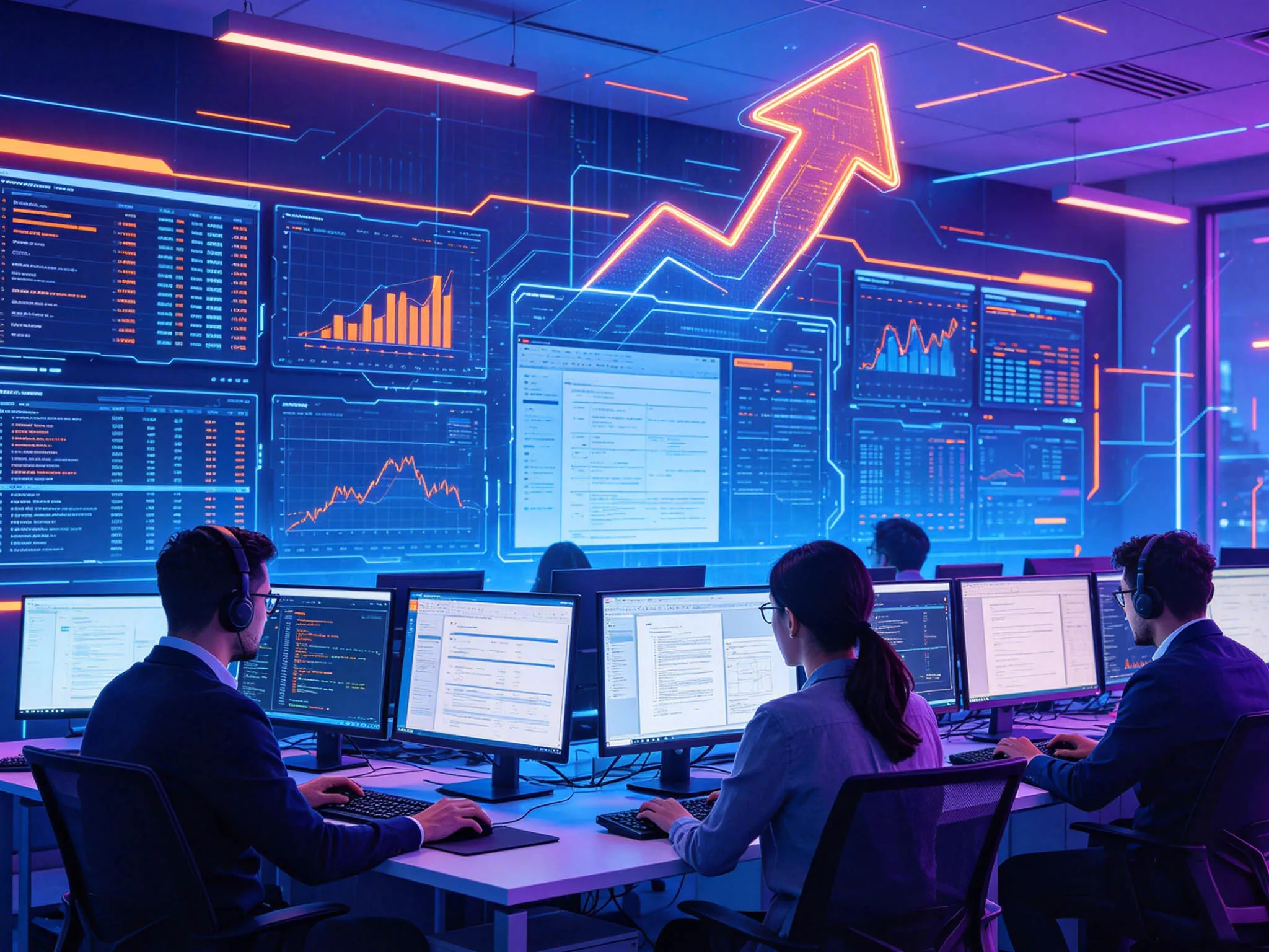 A modern data analysis or trading office with multiple screens displaying financial charts, graphs, and data, featuring individuals wearing headsets and working at computers.