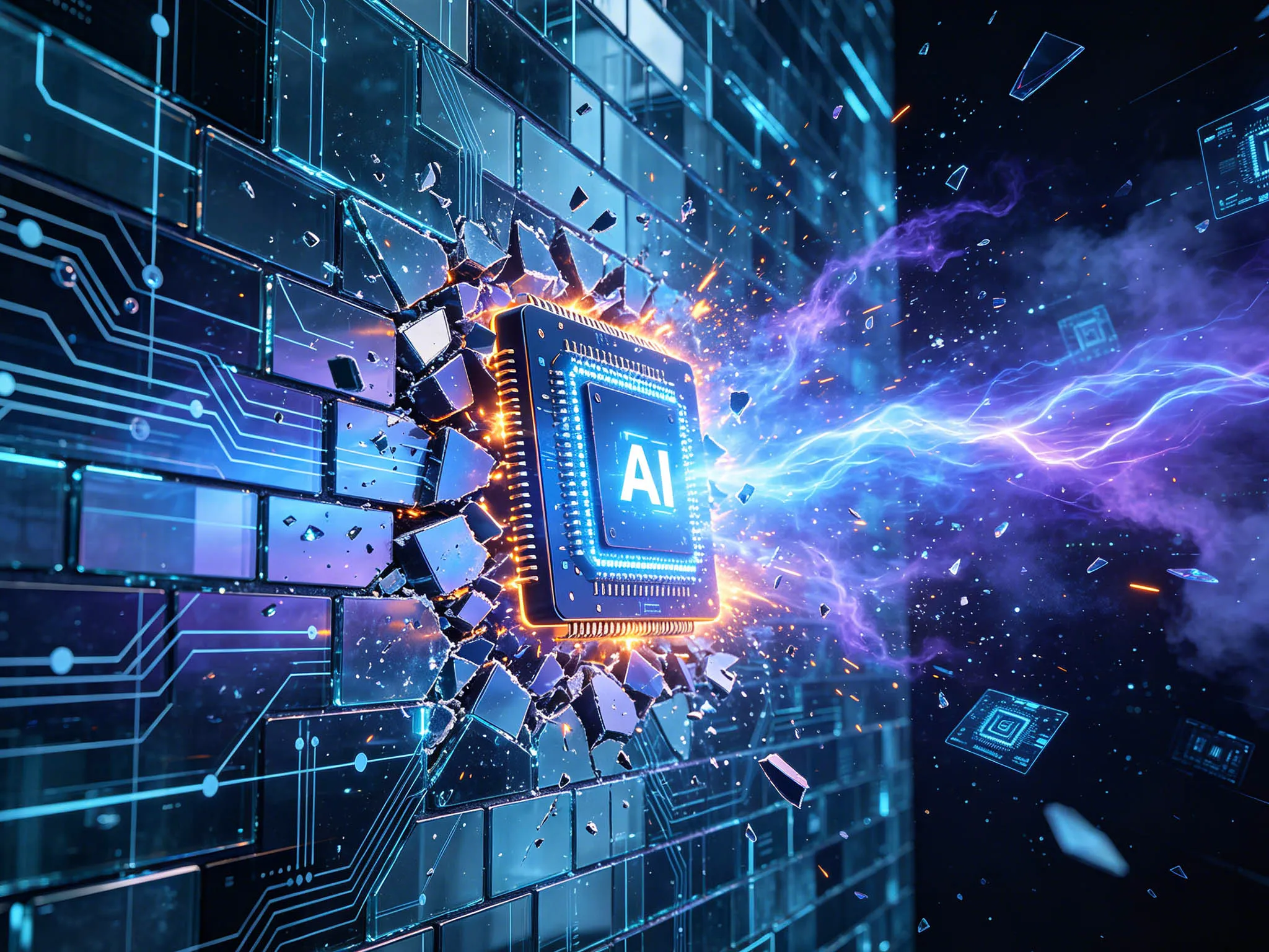 An abstract representation of an artificial intelligence (AI) chip breaking through a digital wall with electric energy and data elements surrounding it.