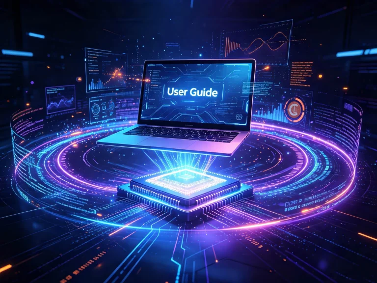 A laptop hovering above a glowing CPU, with the text "User Guide" on the screen and digital data visualizations in the background.