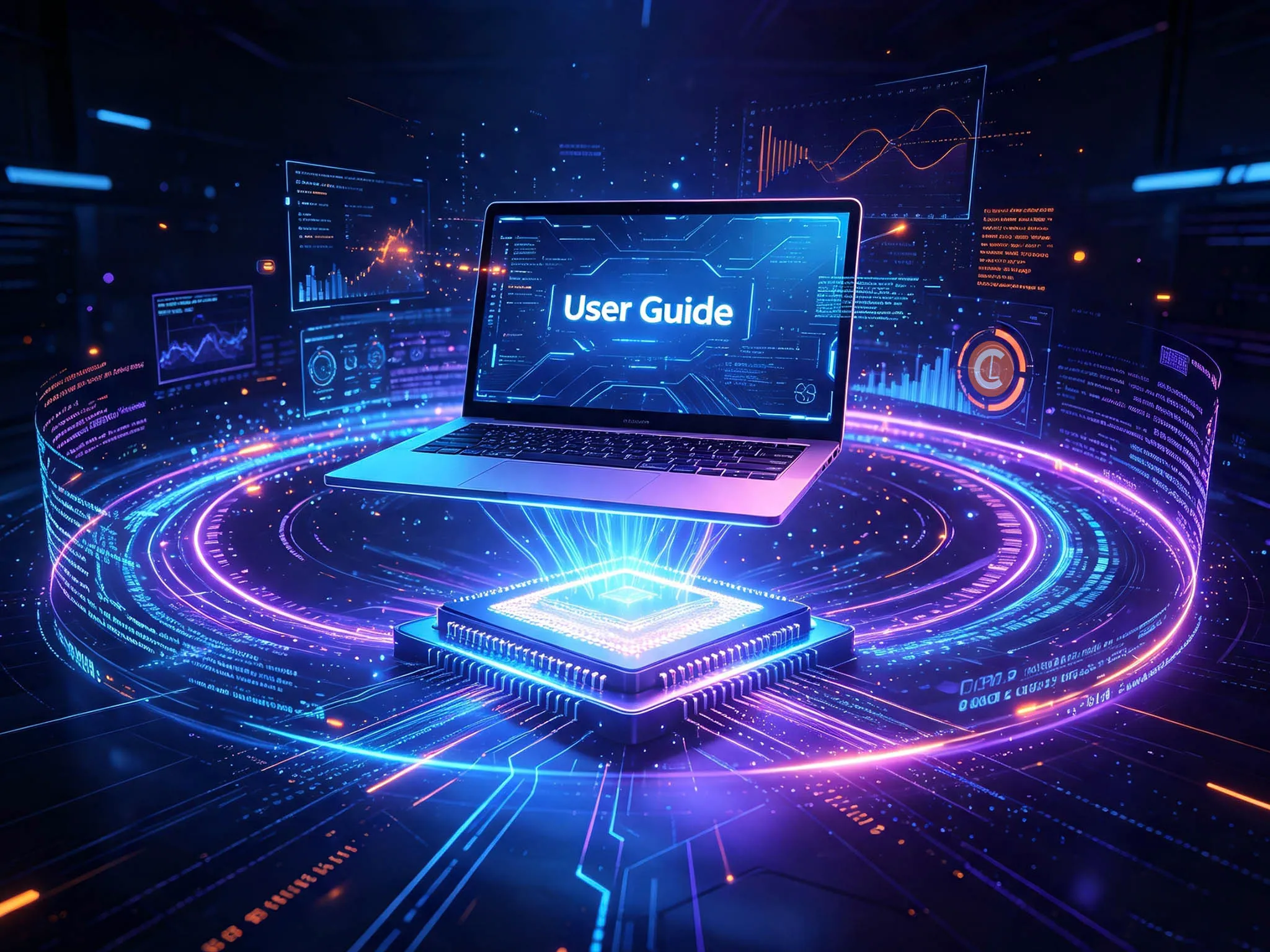 A laptop hovering above a glowing CPU, with the text "User Guide" on the screen and digital data visualizations in the background.